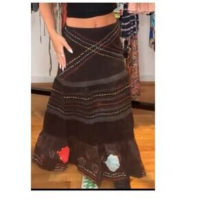 NWOT Anthropologie Raga Embroidered Applique Maxi Skirt Fairy Boho Size Small.